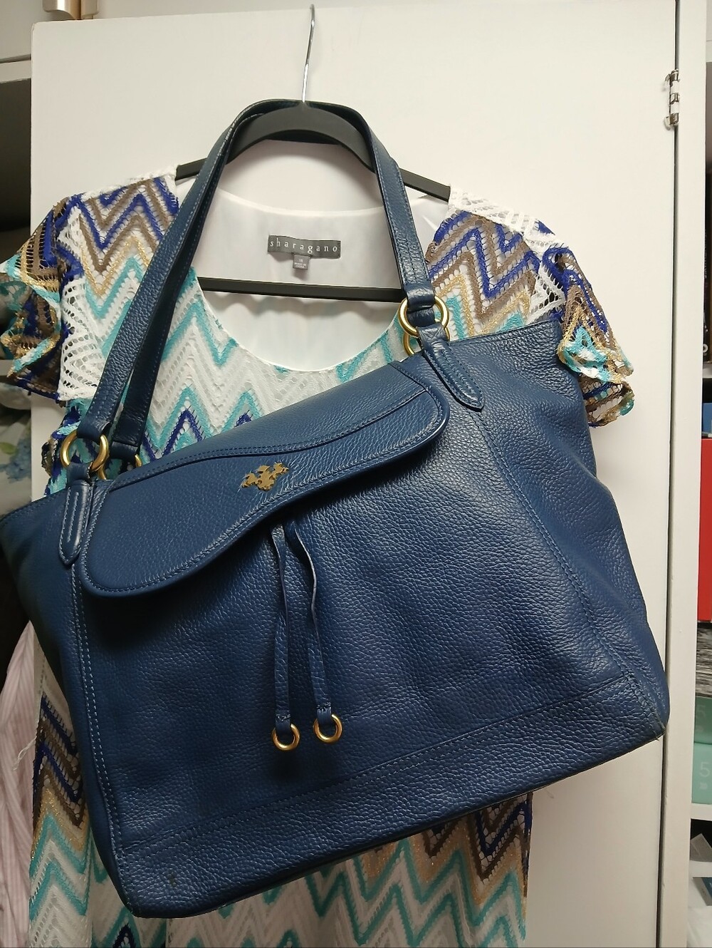 Italian Brand Blue Pebbled Leather Saddle Tote Bag